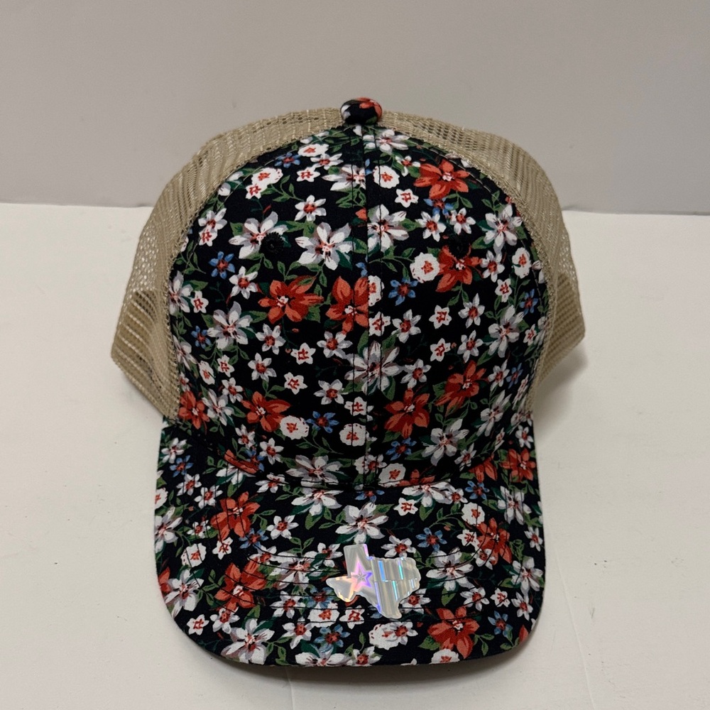Floral Mesh Back Trucker Hat - Black with Red & White Flowers